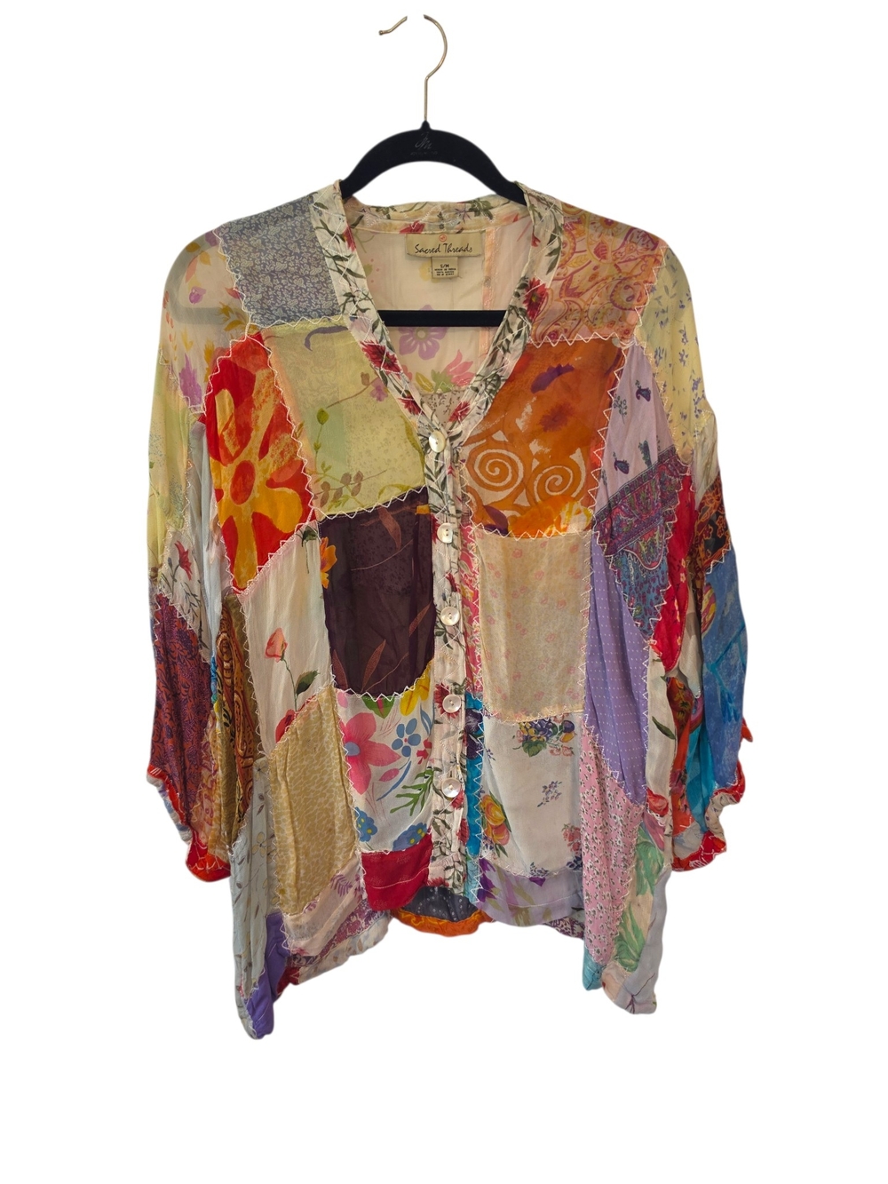 Sacred Threads Boho Patchwork Button-Front Top in Multicolor Size S/M